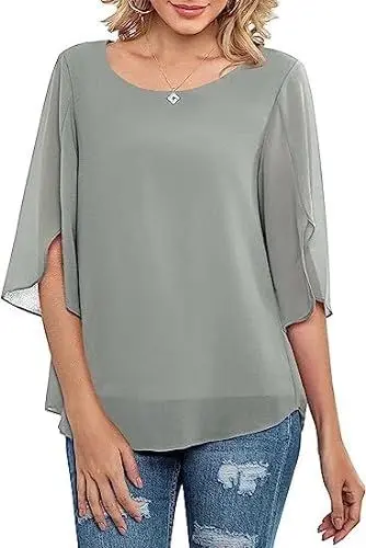 Produktbild: ArtJuly Damen Chiffon Bluse 3/4 Ärmel Rundhals Freizeit Festlich Oberteile Casual Tunika Tops Sommer Undurchsichtiges Elegant Shirts Loose Fit Hemd mit Mesh(Grey-L)