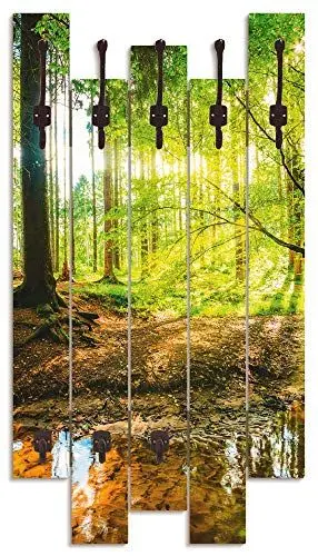 Produktbild: ARTLAND Wandgarderobe Garderobenpaneel Holz mit 8 Haken 63x114 cm Design Garderobe mit Motiv Natur Wald Bach Herbst Grün T9IO