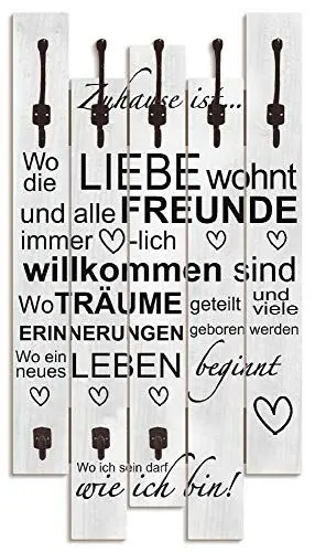 Produktbild: ARTLAND Wandgarderobe Garderobenpaneel Holz mit 8 Haken 63x114 cm Design Garderobe mit Motiv Spruch Liebe Familie Zuhause Grau T9IR