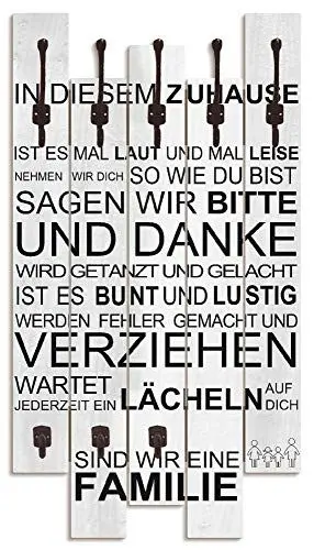 Produktbild: ARTLAND Wandgarderobe Garderobenpaneel Holz mit 8 Haken 63x114 cm Design Garderobe mit Motiv Zitat Zuhause Home Familie Weiß T9FO