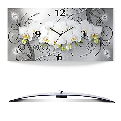 Produktbild: ARTLAND Wanddeko Wanduhr ohne Tickgeräusche Alu Quarzuhr lautlos 50x25 cm Rechteckig Blumenbilder Orchideen Abstrakt Kunst Blumen Ornamente U1QV