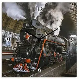 Produktbild: ARTLAND Wanduhr ohne Tickgeräusche Alu Quarzuhr 30x30 cm Quadratisch Lautlos Lokomotive Eisenbahn Retro Antik Klassisch S6AU