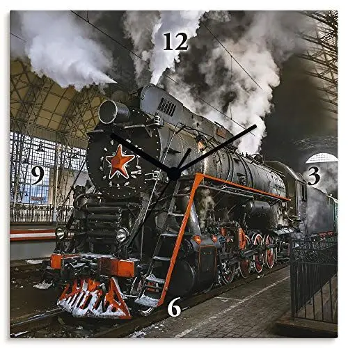 Produktbild: ARTLAND Wanduhr ohne Tickgeräusche Alu Quarzuhr 30x30 cm Quadratisch Lautlos Lokomotive Eisenbahn Retro Antik Klassisch S6AU