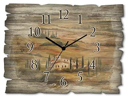 Produktbild: ARTLAND Wanddeko Wanduhr ohne Tickgeräusche aus Holz Quarz Uhr lautlos Rechteckig 40x30 cm Landschaft Toskana Berge Tal Haus Kirche Felder Zypressen Mediterran Rustikal A5DM