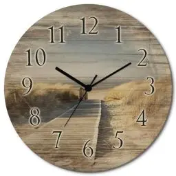 Produktbild: ARTLAND Wanddeko Wanduhr ohne Tickgeräusche aus Holz Quarzuhr lautlos rund Ø 30 cm Nordseestrand auf Langeoog - Steg T5RM Landschaften Strandbilder