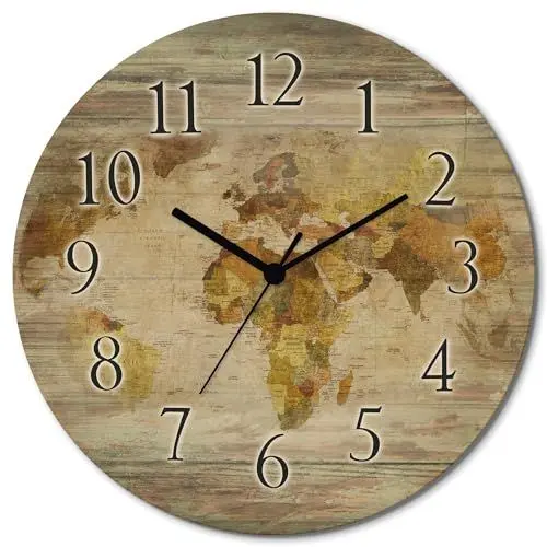 Produktbild: ARTLAND Wanddeko Wanduhr ohne Tickgeräusche aus Holz Quarzuhr lautlos rund Ø 30 cm Weltkarte T9NI Landschaften