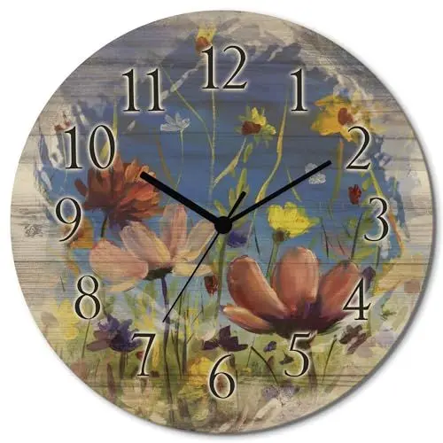 Produktbild: ARTLAND Wanddeko Wanduhr ohne Tickgeräusche aus Holz Quarzuhr lautlos rund Ø 30 cm Wildblumenwiese Blauer Himmel U1QU Blumen Pflanzen Blumenwiese Blüte