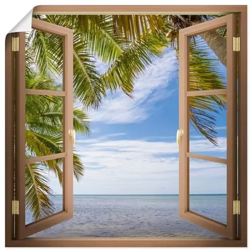 Produktbild: ARTLAND Wanddeko Poster & Kunstdrucke Wandposter 50x50 cm Fensterbilder Fenster Paradies Strand Meer Palme Florida Urlaub U5CE