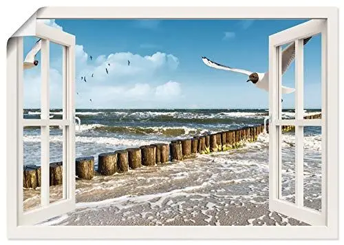 Produktbild: ARTLAND Wanddeko Poster & Kunstdrucke Wandposter 70x50 cm Fensterblick Fenster Strand Meer Maritim Ostsee Möwe Himmel T5QT