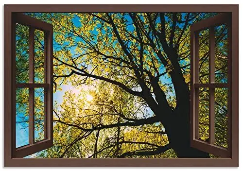 Produktbild: ARTland Wanddeko Wandbild Alu Verbundplatte für Innen & Outdoor Bild Bäume Foto Grün Fensterblick Frühling Sonne Baumkrone Eiche B8CM