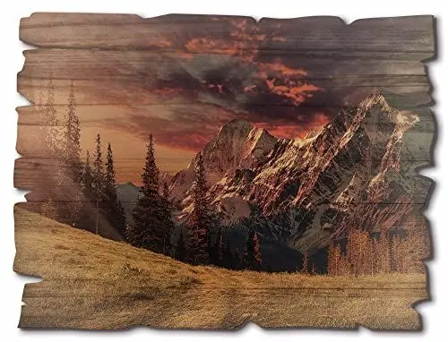 Produktbild: ARTland Wanddeko Bild aus Holz Holzbild vintage Deko 40x30 cm Alpen Landschaft Berge Natur Wald Gebirge Landhausstil Bäume U1RI