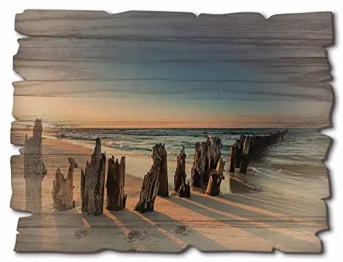 Produktbild: ARTland Wanddeko Bild aus Holz Holzbild vintage Deko 40x30 cm Landschaft Strand Meer Sonnenuntergang Nordsee Maritim U1UI
