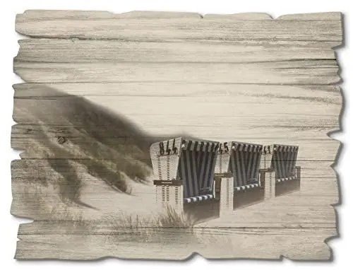Produktbild: ARTland Wanddeko Bild aus Holz Holzbild vintage Deko 40x30 cm Querformat Natur Küste Strand Meer Nordsee Strandkorb Düne Maritim A1PS