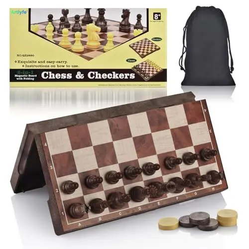 Produktbild: Artlyfe 2-in-1 Schachspiel Magnetisch,Schach und Dame Set,Tragbares und Faltbares Schachbrett für Kinder,Erwachsene,Party und Reisen – Holz Maserung Muster Internationale Schachbrett Spiel