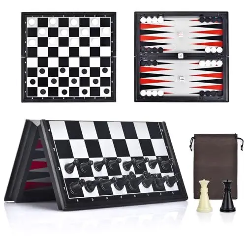 Produktbild: Artlyfe 3-in-1 Schachspiel Magnetisch - Hochwertiges Magnetisches Schach, Dame und Backgammon Set - Tragbares und Faltbares Schachbrett - Schachspiel für Kinder, Erwachsene