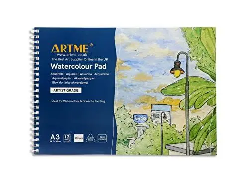 Produktbild: Artme A3 Aquarellblock, 12 Blatt, 300 g/m², fest strukturiert, kaltgepresst, frei von Zellulose, säurefrei, Premium-Qualität, Zeichenblock, Skizzenbuch, Aquarelle und Gouache-Malerei (1 Packung)