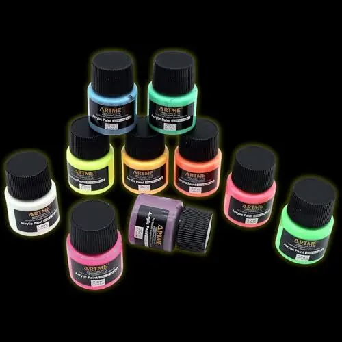 Produktbild: Artme Glow in the Dark Acrylfarben Set - 10 Farben x 20 ml Tuben - Leuchtende Neonfarbe für Kunst & Handwerk - Schnell trocknend, Wasserbasis, Ungiftig - Ideal für Papier, Leinwand, Holz, Steine