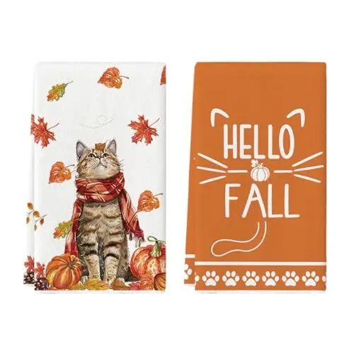 Produktbild: Artoid Mode Ahornblätter Schal Katze Kürbisse Herbst Küchentücher Geschirrtücher, 42x65 cm Hello Fall Dekoration Polyester Handtücher 2er Set