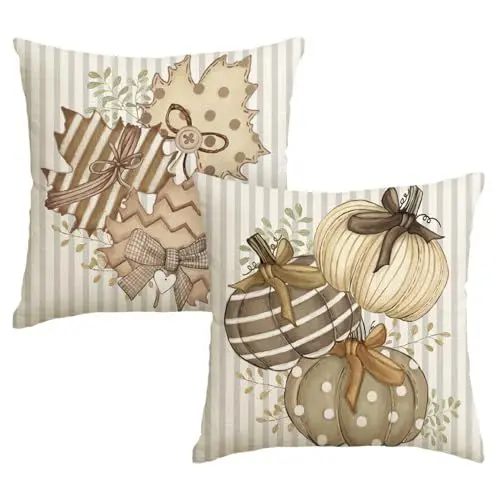 Produktbild: Artoid Mode Hallo Kürbisse Streifen Ahornblätter Herbst Kissenbezüge 2er Set, 45x45 cm Saisonnal Fall Zierkissenbezug Cushion Cover Wohnzimmer Deko