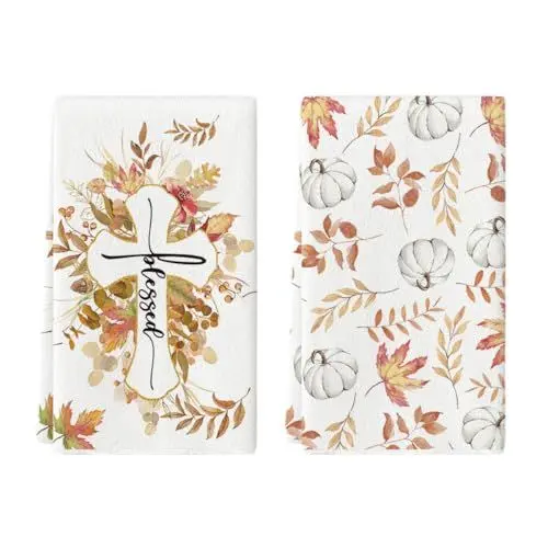 Produktbild: Artoid Mode Kreuz Ahornblätter Kürbisse Herbst Küchentücher Geschirrtücher, 42x65 cm Saisonale Fall Dekoration Polyester Handtücher 2er Set