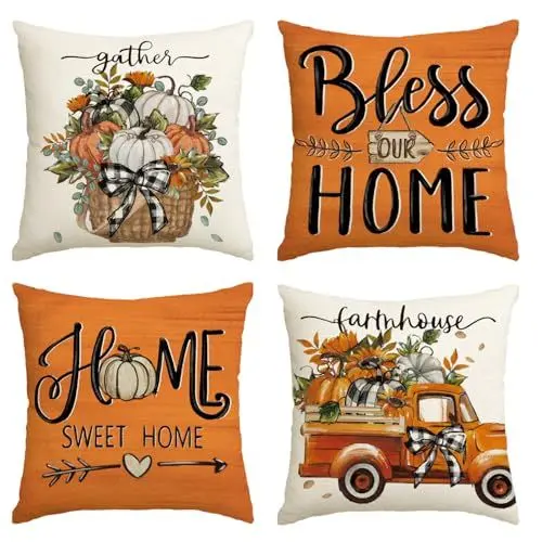 Produktbild: Artoid Mode Kürbisse Sonnenblumen Blumenkorb LKW Herbst Kissenbezüge 4er Set, 40x40 cm Lastkraftwagen Zierkissenbezug Cushion Cover Wohnzimmer Deko