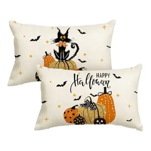 Produktbild: Artoid Mode Stern Fledermaus Katze Kürbisse Happy Halloween Kissenbezüge 2er Set, 30x50 cm Saisonnal Zierkissenbezug Cushion Cover Couch Deko