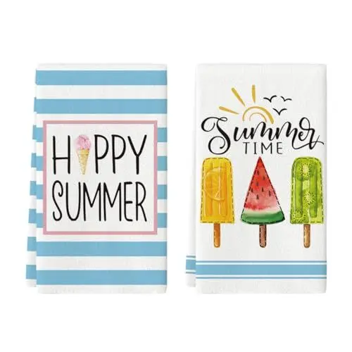 Produktbild: Artoid Mode Streifen Obst Eiscreme Wassermelone Sommer Küchentücher Geschirrtücher, 42x65 cm Saisonale Happy Summer Dekoration Handtücher 2er Set