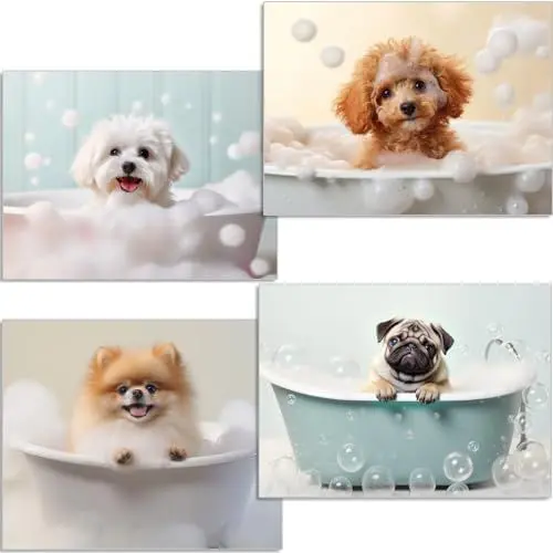 Produktbild: artpin® Badezimmer Deko Poster Kinderzimmer - 4er Set Bilder Babyzimmer für Mädchen Junge - Bad Hunde K8