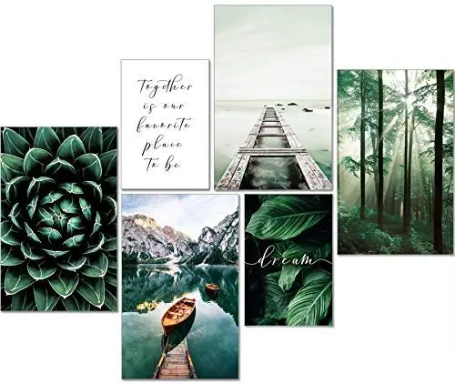 Produktbild: artpin® Moderne Poster Set Natur- Bilder Wohnzimmer Deko Schlafzimmer - Wanddeko Ohne Bilderrahmen Collagen - Wald Holz Grün 4x A3 | 2x A4 - W8