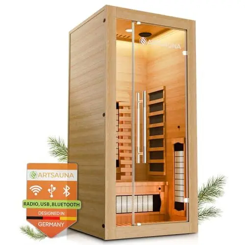Produktbild: Artsauna Infrarotkabine Kiruna90 Premium mit Vollspektrum- & Flächenstrahler, 1 Person, 90x90x190 cm, LED Farblicht & Glastür, Infrarotsauna Sauna - Rückenstrahler dimmbar