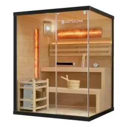 Produktbild: Artsauna Saunakabine Vantaa 150 mit Salzstein - Indoor Sauna 3 Personen - 4,5 kW Ofen, Glasfront, LED Licht, Thermometer & Sanduhr - Komplett Set