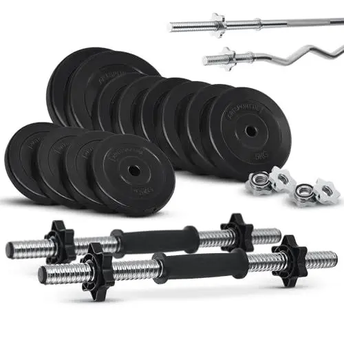 Produktbild: ArtSport 3in1 Hantelset mit 2 Kurzhanteln, 1 Langhantel & 1 SZ Curlhantel - 12 Gewichte mit 60kg und Sternverschlüssen - Hantel Set Krafttraining