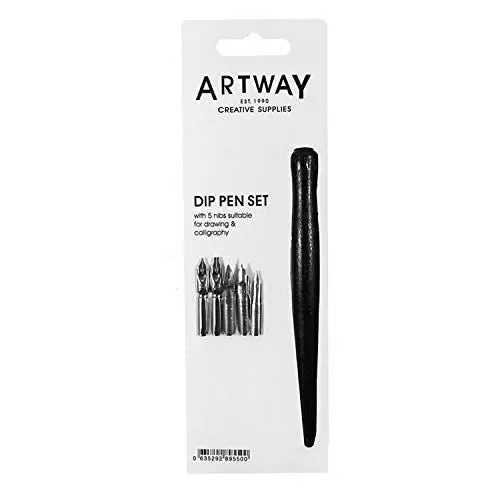 Produktbild: Artway - Federhalter mit 5 Federn zum Zeichnen und für Kalligrafie - zur Verwendung mit Tinte - schwarzer Griff - 1 x 1 Set