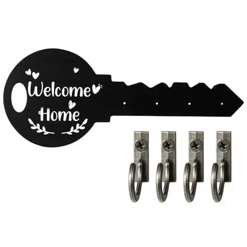 Produktbild: ARubyForest Schlüsselbrett Holz Schlüsselhalter Wand mit 4 Haken Schlüsselboard Key Holder Wall Schlüsselbrett Modern Schlüsselablage Schlüsselleiste für Eingang Flur Schlafzimmer Wohnzimmer Schwarz