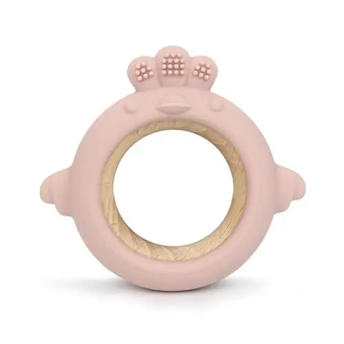 Produktbild: Arudyo Baby Beißspielzeug Silikon Beißringe mit Holzring Zahnungshilfe BPA-frei Zahnen und Greifling Spielzeug (Küken Rosa)
