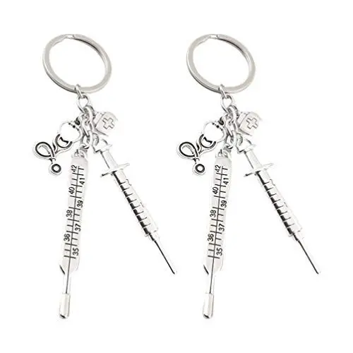 Produktbild: Arzt Medizinische Schlüsselbund Injektor Thermometer Schlüsselbund Inspirierende Schmuck Pflege Abschluss Geschenk für Sie Und Ihn 2Pcs