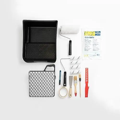 Produktbild: A.S. Création Renovierungs-Set 15-teilig - Set zum Renovieren & Streichen - Set mit Kunststoffwanne, Abdeckfolie, Abtropfgitter, Holzpinsel und Kreppband