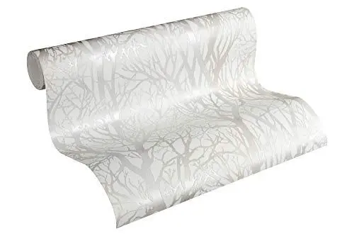 Produktbild: A.S. Création Vliestapete 10,05 m x 0,53 m mit modernem Waldmotiv - Weiß, Silber - Mustertapete im Metallic-Look Made in Germany - 300941