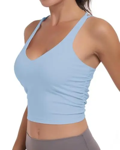 Produktbild: As Fairy Damen-Sport-BH, gerüscht, Criss Cross Back Crop Tank Top, Langer, kabelloser, gepolsterter Yoga-BH (Denim Blau,XL)