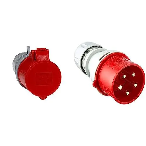Produktbild: as - Schwabe CEE-Kupplung – 400 V / 32 A / 5-polig – Kupplung mit Schraubanschlüssen – CEE-Adapter 5-polig / 6h – – IP44 – Grau/Rot I 60427 & UNITEC 40578L CEE-Stecker 32A, lose, rot