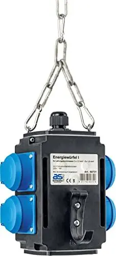 Produktbild: as - Schwabe MIXO Energiewürfel - Hängeverteiler - Stromverteiler - 4 Schutzkontaktsteckdosen 230 V, 16 A - Anschlussfertig verdrahtet - Kette und Karabiner - IP44 - Made in Germany - Schwarz, 60731