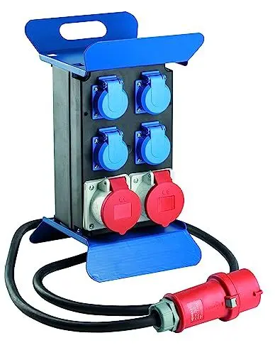 Produktbild: as - Schwabe Tragbarer Stromverteiler STECKY 1 - CEE Stecker 400V/16A/5polig - 4x Schuko und 2x CEE Steckdosen 16A – Mobiler Adapter – Verteiler für Innen & Außen – IP44 – Made in Germany, 60504