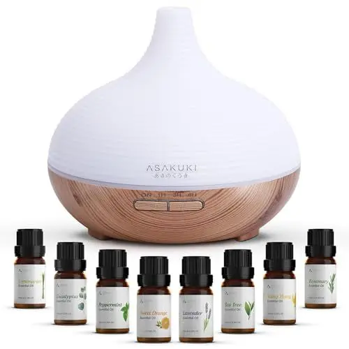 Produktbild: ASAKUKI 300ml Aroma Diffuser, Ultraschall Luftbefeuchter mit 8 * 10ml Ätherische Öle Set, Diffuser, 14-Farben-LED, 23dB Cool Mist Raumbefeuchter, Yoga, SPA, Zuhause-Gelb