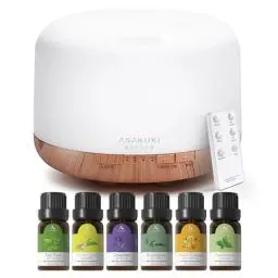 Produktbild: ASAKUKI 500mL Aroma Diffuser für ätherische öle, Enthält 6 ätherische Öle, Luftbefeuchter mit Timer, Automatische Abschaltung bei Wasserlosem Zustand, und 7 Arten LED Lichtfarben