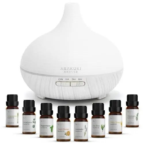 Produktbild: ASAKUKI Aroma Diffuser, 300ml Ultraschall Luftbefeuchter mit 8 * 10ml Ätherische Öle Set, Diffuser, 14-Farben-LED, 23dB Cool Mist Raumbefeuchter, Yoga, SPA, Zuhause-Weiß