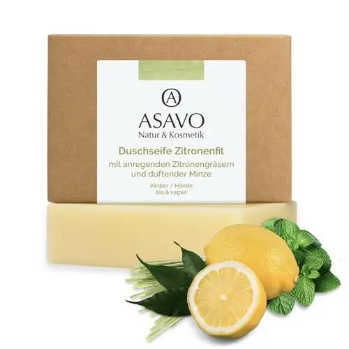 Produktbild: ASAVO Premium Naturseife Zitronenfit BIO, handgemachte Seife mit Bio-Karitébutter, mit dem Duft von Zitronengras & Minze, vegan, 1x95g