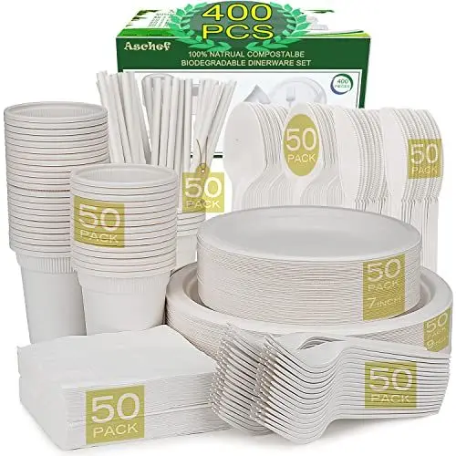 Produktbild: Aschef 400er Umweltfreundlich Biologisch Abbbaubare Geschirrset Einweggeschirr Besteck Set aus Bagasse Kompostierbar Pappteller Pappbecher Messer Löffel Gabeln für Camping Grill BBQ Party 50 Personen