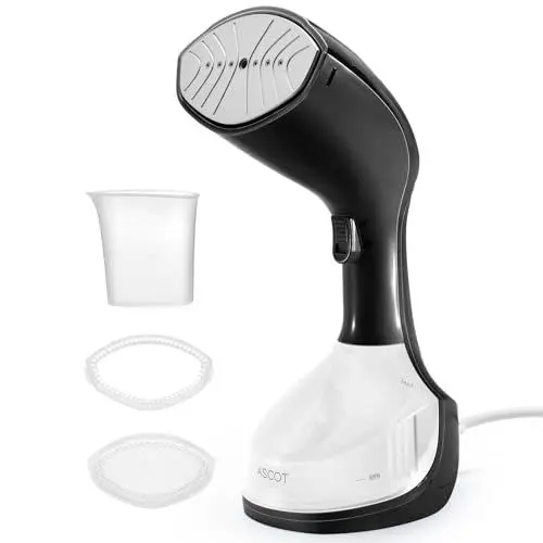 Produktbild: ASCOT Dampfglätter, 1500W Tragbares Dampfbügeleisen mit 280ml Wassertank für Längere Nutzung pro Zeit, 25 g/Min Dampf, Dampfglätter für Familie, Wäsche, Büro und Reise (Schwarz)
