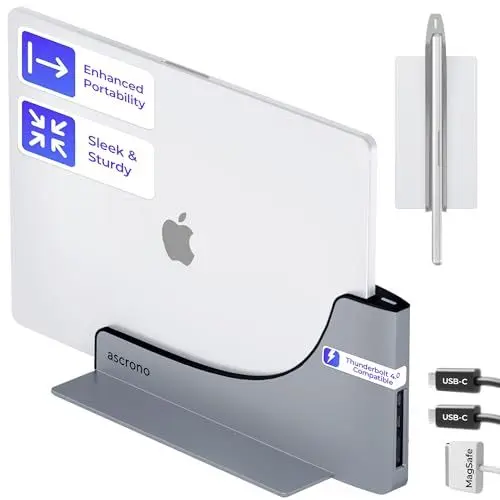 Produktbild: Ascrono Vertikale Docking Station Hub | Kompatibel mit Apple MacBook Pro 16 Zoll, 2021 M1, 2023 M2/M3 & 2024 M4, mit MagSafe Stecker | 2X USB-C Port (40Gbps) Thunderbolt-4 kompatible Dock