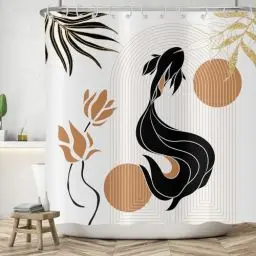 Produktbild: ASDCXZ Boho Duschvorhang 180x200 cm, Modern Abstrakt Boho Style Schwarz Koi-Karpfen Gold Blätter Blumen Bad Waschbar Duschvorhänge Polyester Textil Wasserdicht Badevorhang für Badewanne mit 12 Haken